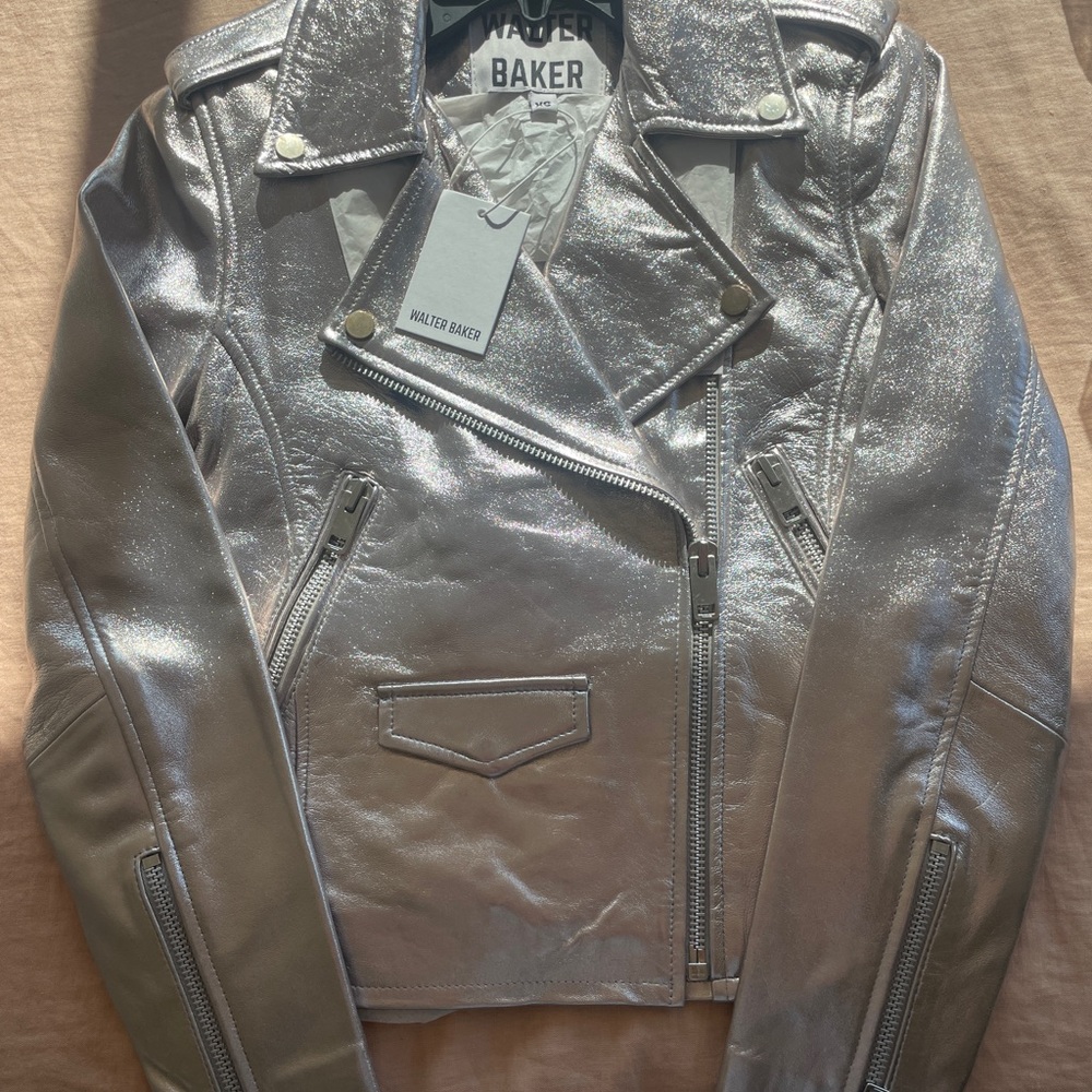 NWT Walter Baker Silver Leather Moto Jacket - Great for Bridal Coverup